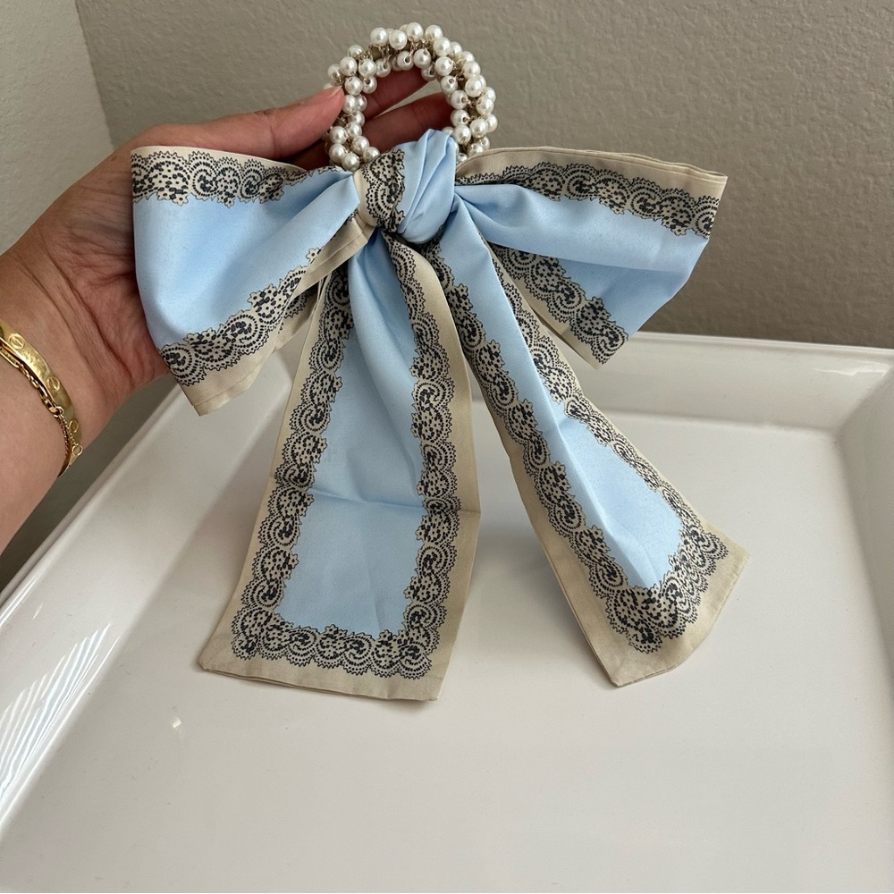 Pearl Large Bow Ribbon Scarf Streamer Hair Tie NEW